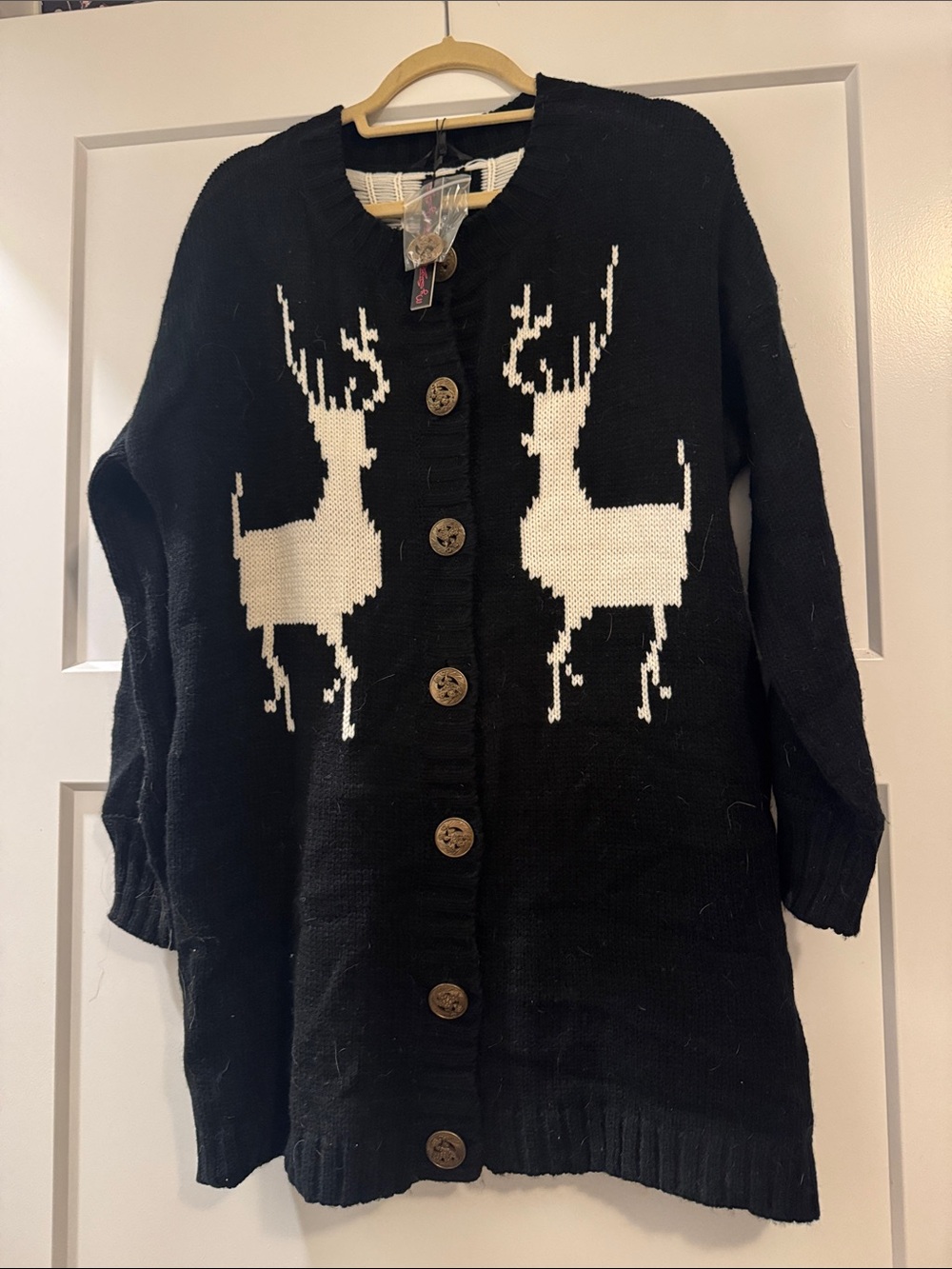 My Story Black Cardigan Sweater with White Reindeer Motif